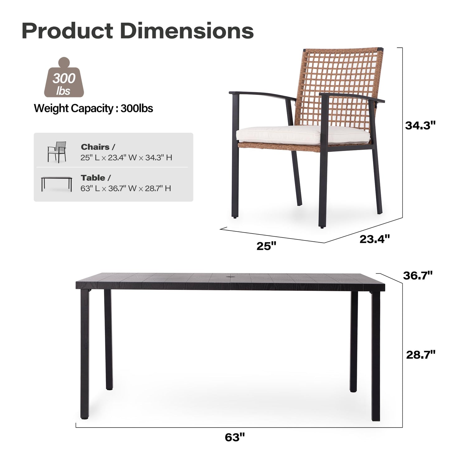 LAUSAINT HOME 7 Pieces Patio Dining Set, Outdoor Furniture Set of 6 Chairs with Soft Cushion and Iron Slats Table Top with Umbrella Hole, Conversation Set for Backyard, Garden and Poolside