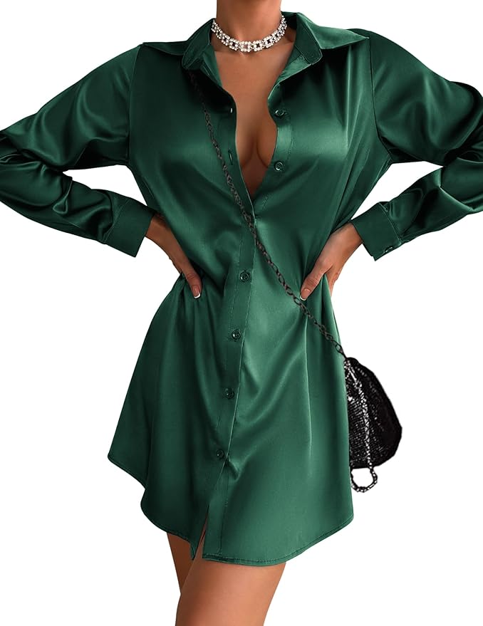 Zeagoo Women's Stain Long Sleeve Dress Button Down Shirts Tunic Dresses Casual V-Neck Mini Dress with Belt