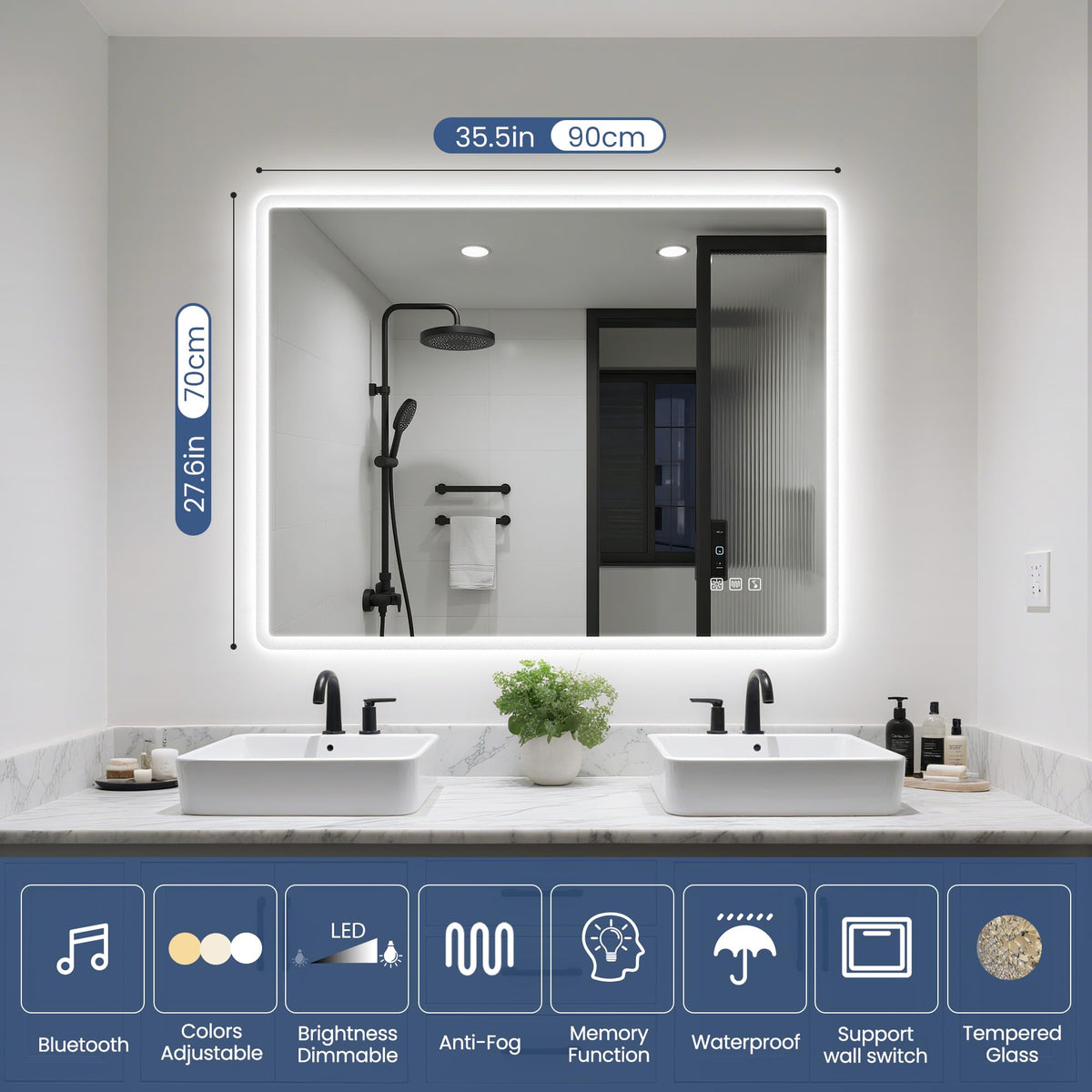 STARLEAD 28"x36" LED-Bathroom-Mirror-with-Lights, Wall-Mounted with Bluetooth Speaker, Anti-Fog, 3 Color Temperature, Dimmable Brightness, Waterproof, Tempered Glass, Frontlit & Backlit