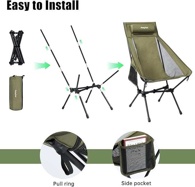 SUNNYFEEL High Back Camping Chair, 15 Second Setup Frame, 330lb Capacity, Portable Backpacking Chair, Lightweight & Compact Folding Camp Chair for Hiking Camping, Army Green