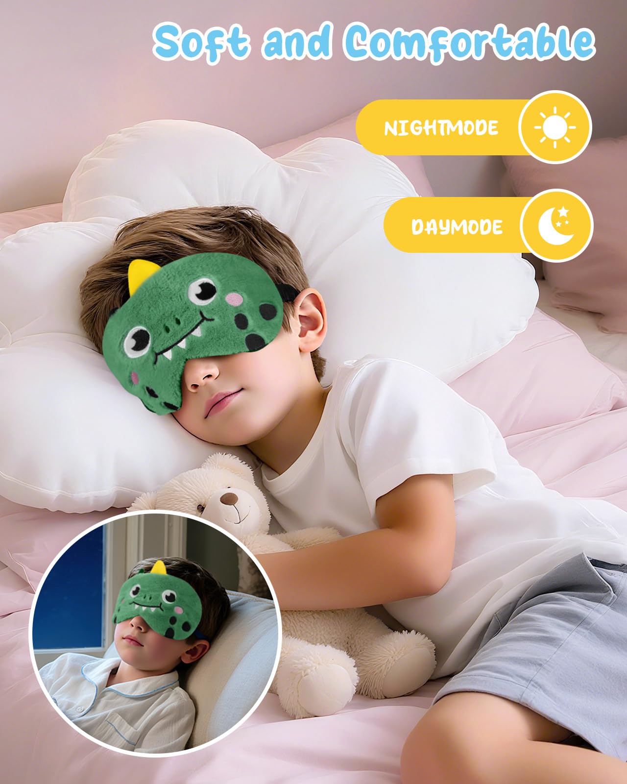 Miss Adola Sleep Mask for Kids - Cute Cartoon Plush Fuffy Sleeping Eye Cover Green Dinosaur Kawaii Soft Eyeshade with Adjustable Strap Animal Eye Blindfold for Kids Girls Boys Teens