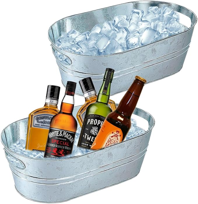 2 Pack Galvanized Tub Ice Bucket Large Metal Drink Buckets for Parties Beer Beverage Tub with Carry Handles for Champagne ...