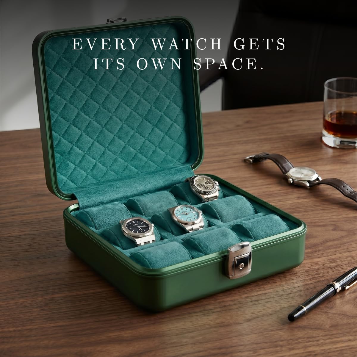 Bey-Berk Prague Aluminum Watch Case in Hunter Green – 9-Slot Locking Travel Box with Soft Interior for Watch Storage