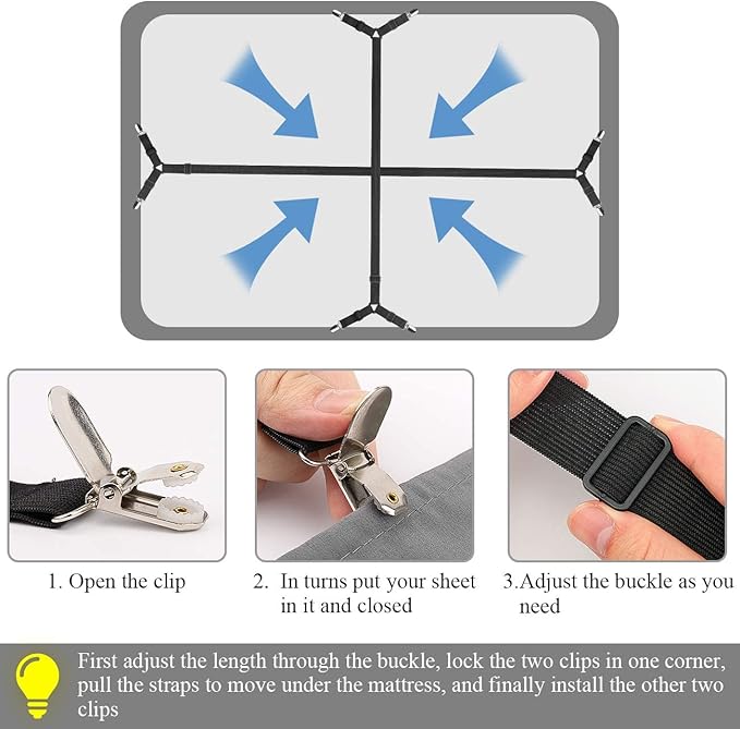 ZHOUBIN Bed Sheet Holder Straps, Adjustable Elastic Crisscross Bed Sheet Fastener Straps Grippers Suspenders for All Bed Sheets, Mattress Covers(2 Set/4Pcs, Black)