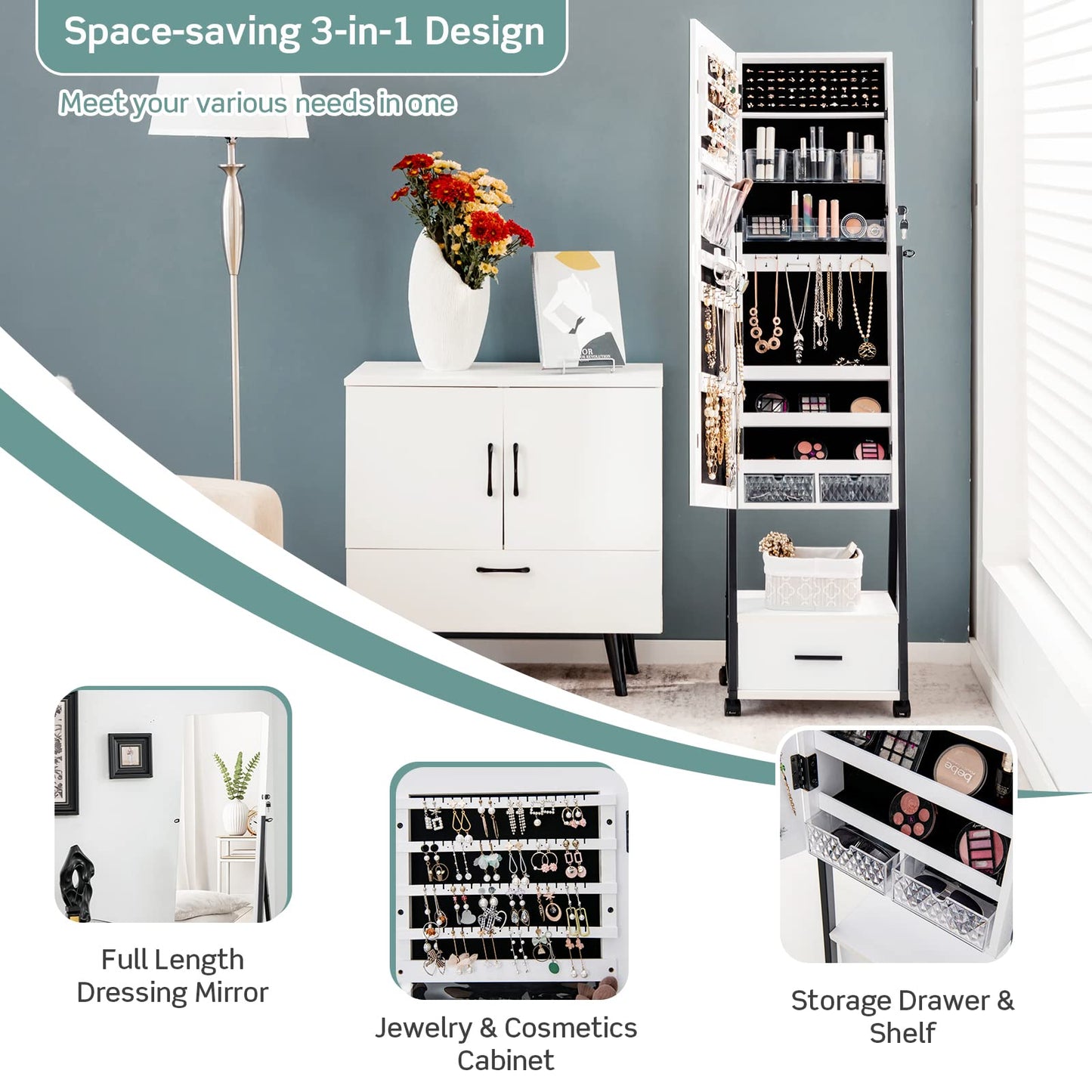 COSTWAY Mirror Jewelry Cabinet with Wheels, Standing Full-length Mirror with Jewelry Storage, Lockable Jewelry Organizer Box with Drawers, Rolling Jewelry Armoire for Women Girls Bedroom (White)