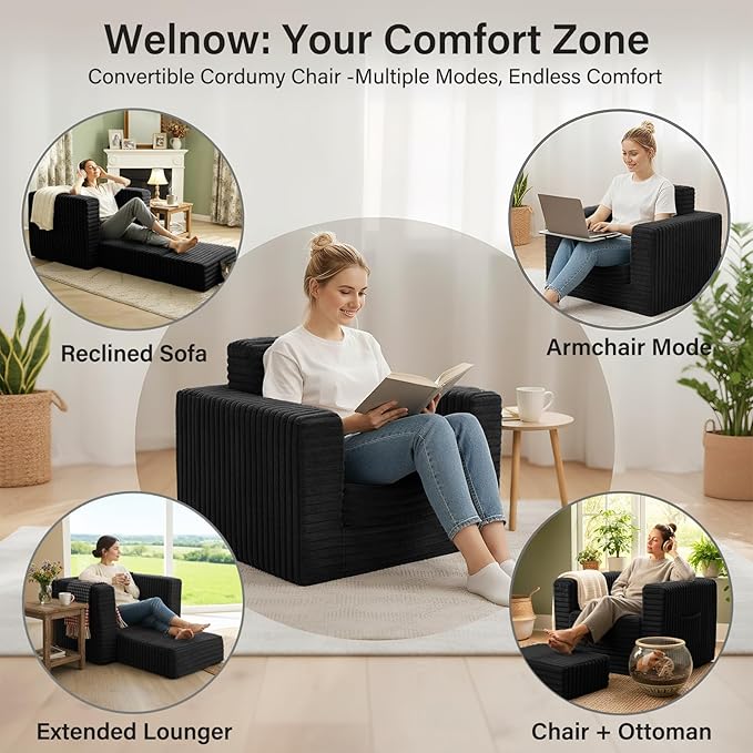 Welnow Folding Sofa Bed with Ottoman, Convertible 2-in-1 Boneless Couch Futon Lounge Chair Bed for Adults, Comfy Fold Out Sleeper Sofa for Small Spaces, Living Room, Bedroom, or Dorm, Black