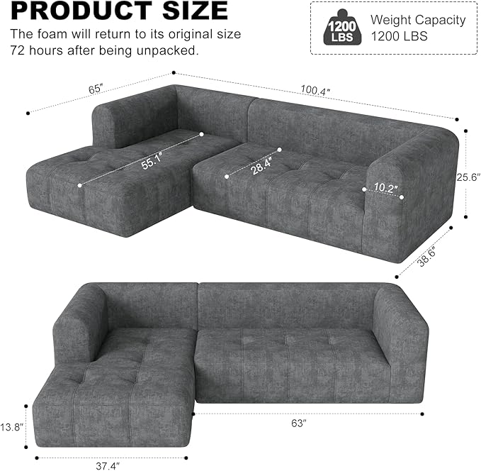 105" Modular Sectional Couches for Living Room, Cloud Sectional Couch with Deep Seat, Convertible L-Shape Couch, Upholstered Couches for Living Room Bedroom, No Assembly Required, Grey (Slub Fabric)