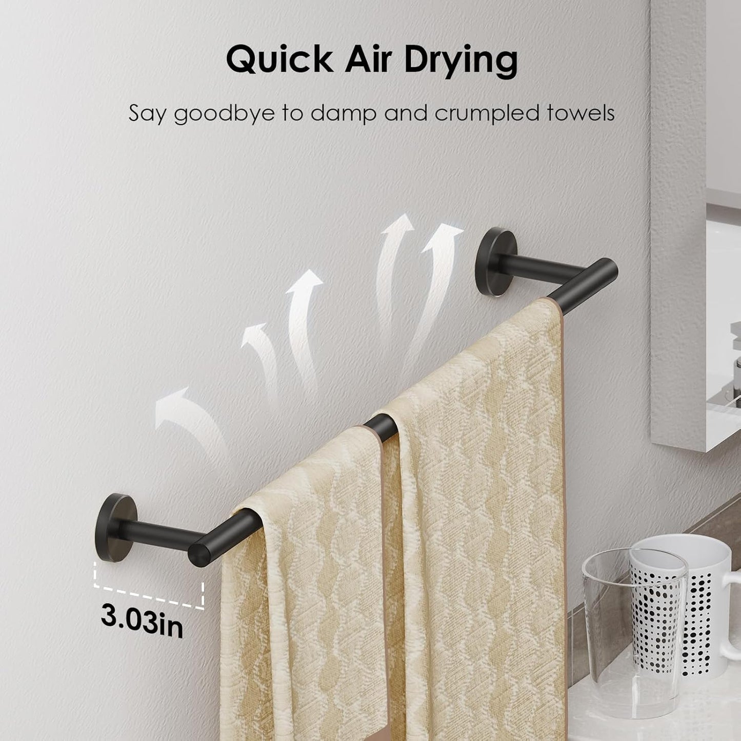 FORIOUS Towel Bar Wall Mounted, Stainless Steel Towel Racks for Bathroom, Includes Wall Mounting Hardware (Matte Black, 23 Inch)