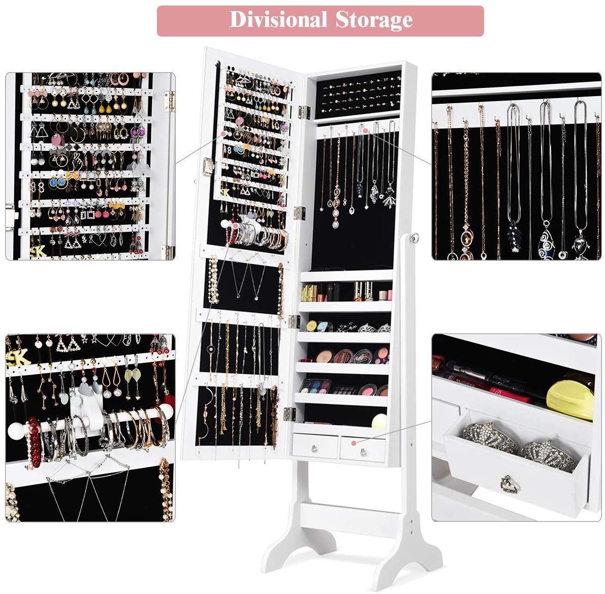 Mirror Wood Standing Jewelry Cabinet, Lockable Standing Jewelry Armoire with Key, Large Storage Capacity Jewelry Cabinet Organizer with 2 Drawers, 4 Angel Adjustable (White)