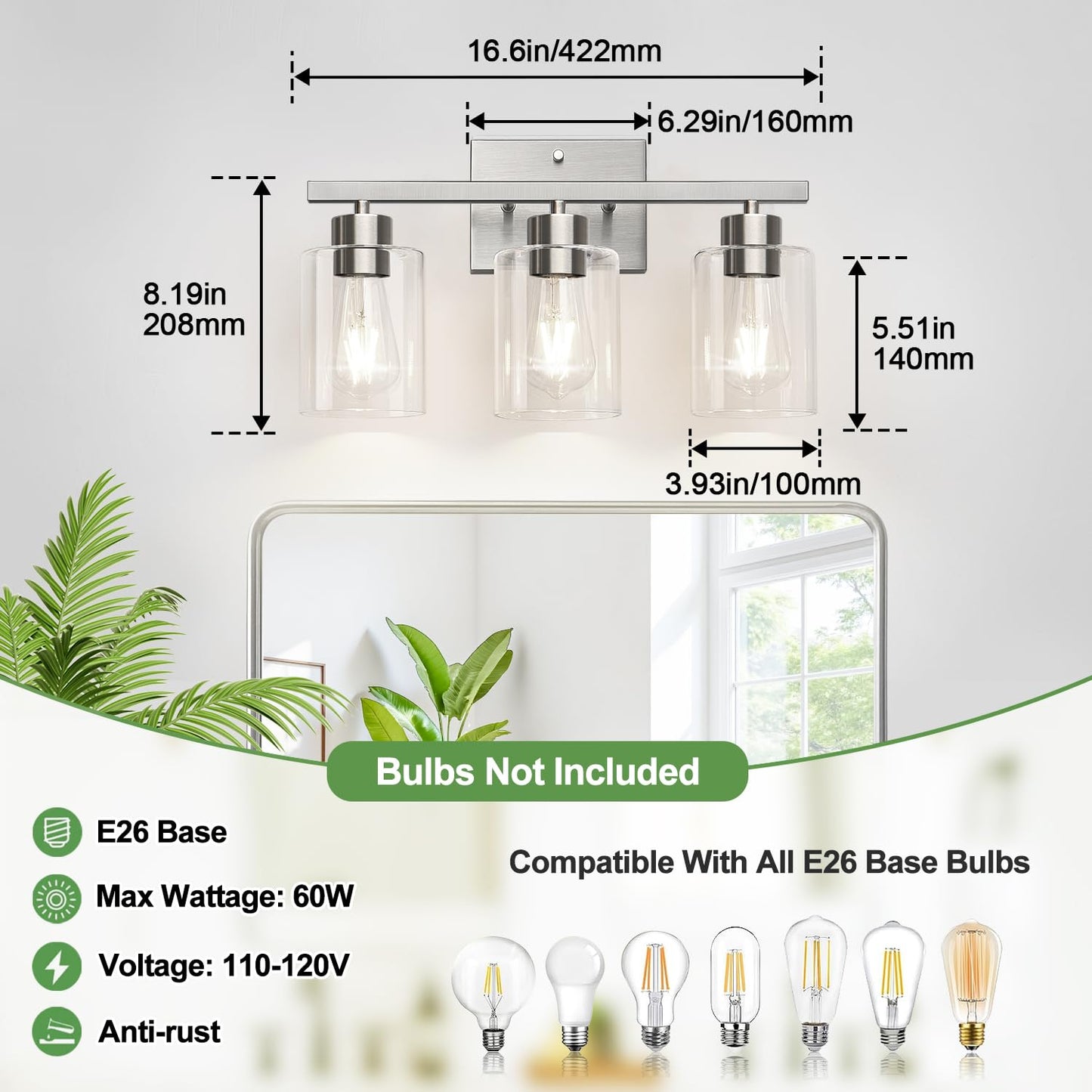 Meybiok 3-Light Bathroom Light Fixtures, Brushed Nickel Vanity Lights, Bathroom Lighting with Clear Glass Shade, Vanity Lighting fixtures for Mirror Kitchen Bedroom Hallway Living Room