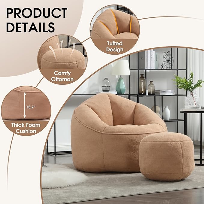 Sudwesto Bean Bag Chair for Adult, Microfiber Upholstered Bean Bag Sofa with Petal Back, Shell-Shaped Beanbag Chair with Footstool, Memory Foam Stuffed Lazy Sofa for Living Room, Bedroom (Tan)