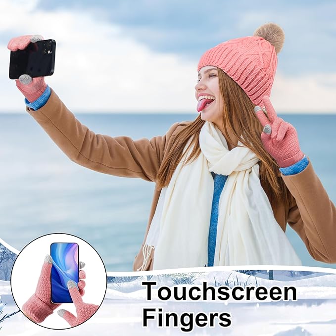 SATINIOR 5 Pcs Winter Hat Scarf Gloves Set Fleece Warm Lined Knit Beanie Hat Touch Screen Earmuff Gloves Warmer for Women(Pink,Rhombus Pattern)