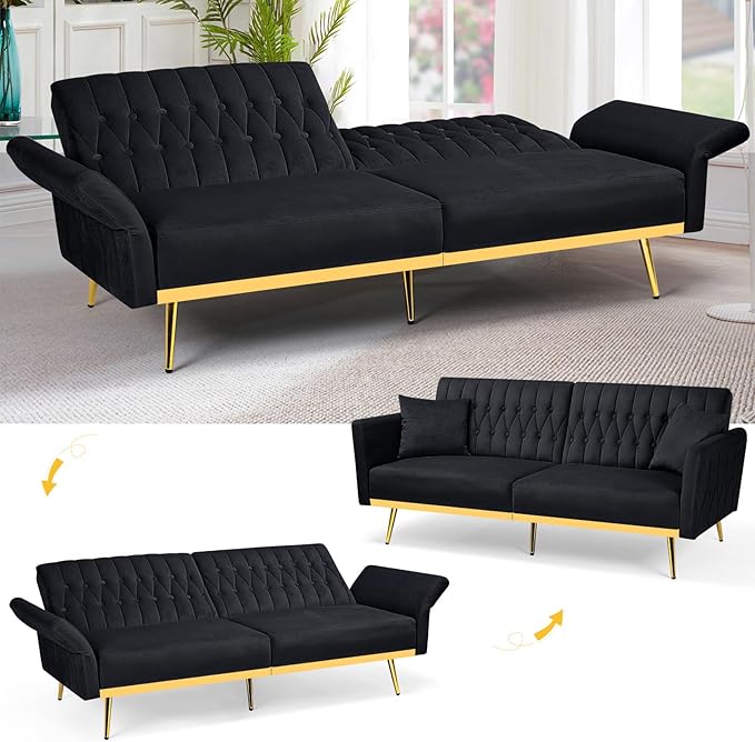 ACMEASE 70” Velvet Futon Sofa Bed with 2 Pillows and Adjustable Armrests, Convertible Sleeper Bed W/Adjustable Backrests, Modern Loveseat for Living Room, Bedroom, Black