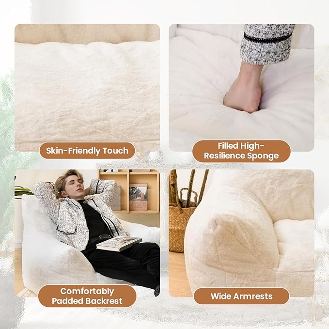 Cvortll Bean Bag Chair with Ottoman, Armrest Bean Bag Chairs with Filler, Ultra Soft Fluffy Faux Fur Bean Bag Chair with Foot Rest, Plush Lazy Sofa with Foot Stool for Living Room, Dorm