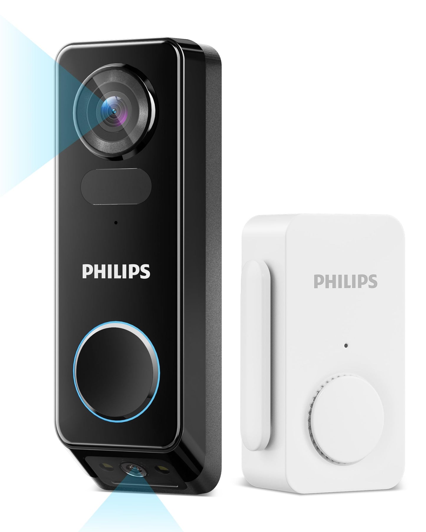 Philips Security Video Doorbell Camera (Chime Included), No Monthly Fee, Dual Cameras 2K QHD with Motion Detection, 2-Way Audio, Supports Alexa & Google Assistant, Battery/Wired Powered