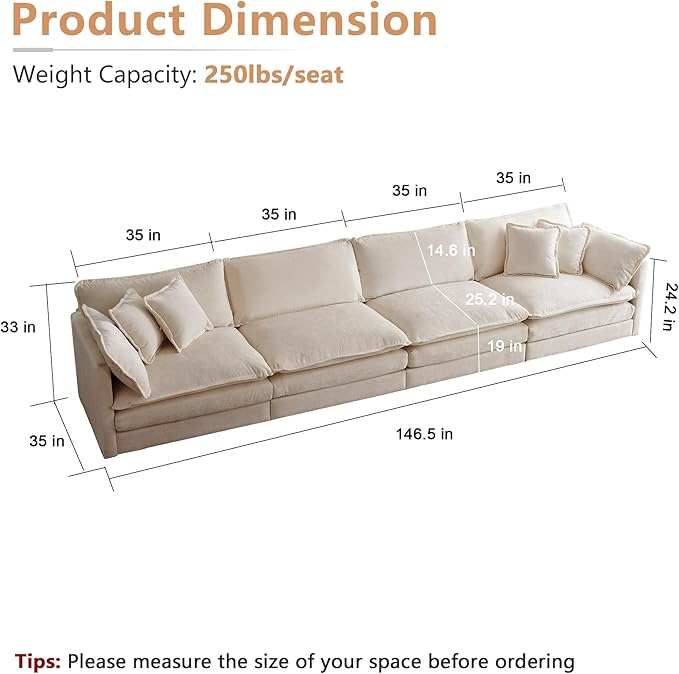mikibama Luxury Modular Sectional Sofa, 146.5" Modern Chenille Comfy Cloud Couches for Living Room Office, 4 Seater Deep Sofa with 2 Armrest Pillows and 4 Toss Pillows, Light Coffee