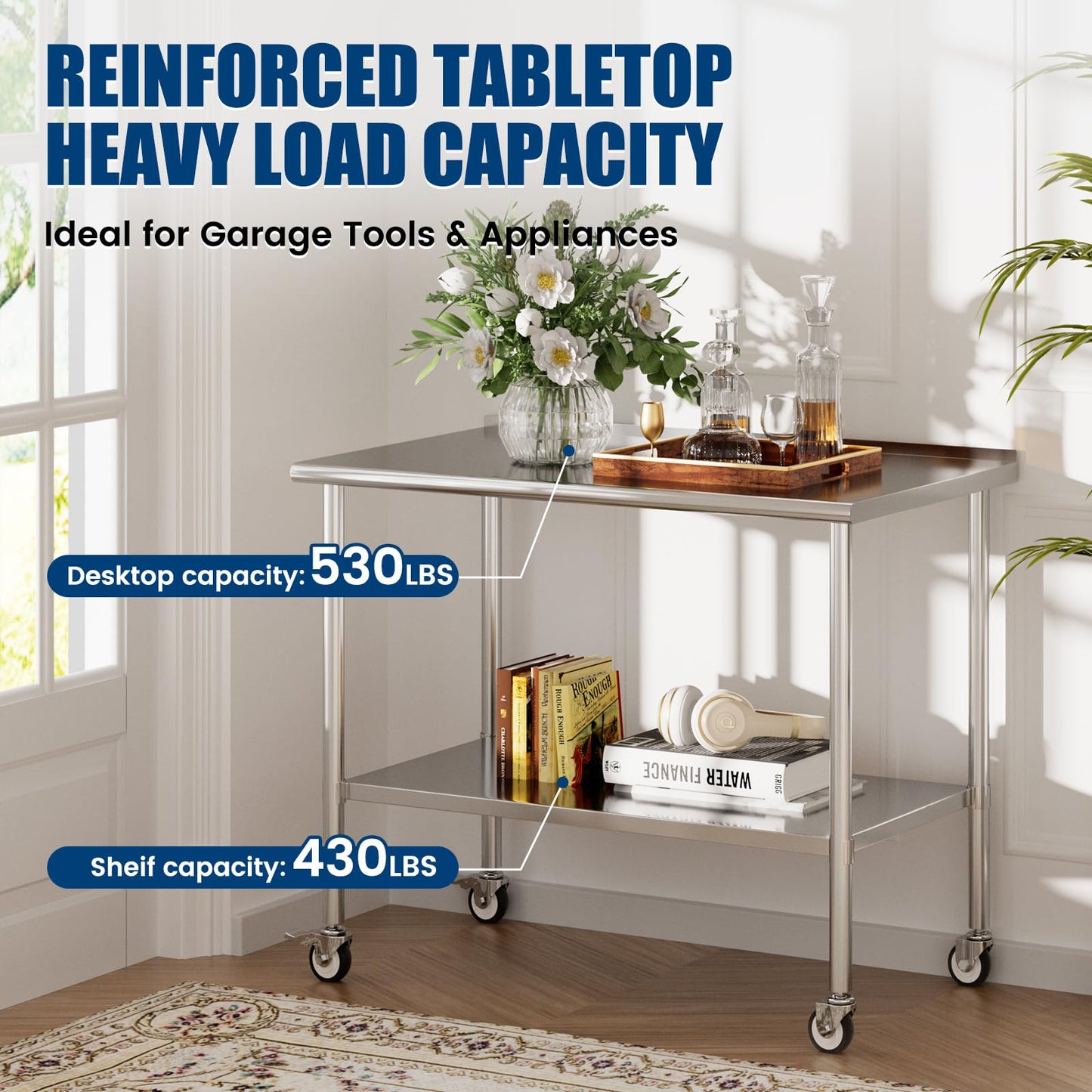 Chingoo Stainless Steel Work Table with Wheels, 30x60 Inch NSF Food Prep Table with Backsplash & Adjustable Undershelf for Commercial Kitchen, Restaurant, Garage