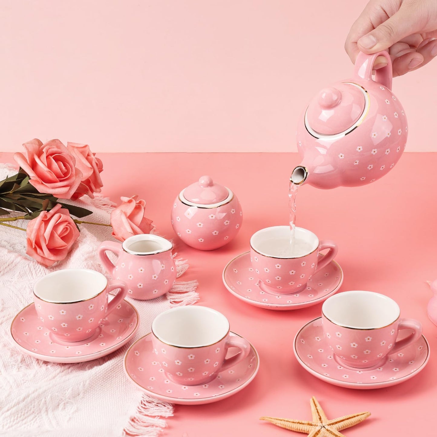 CHENP.HMC Tea Party Set for Little Girls, 13 Piece Sets Kids Tin Tea Party with Cups, Saucers, Plates & Serving Trays, Girls Birthday Gift (Pastel Polka Dots)