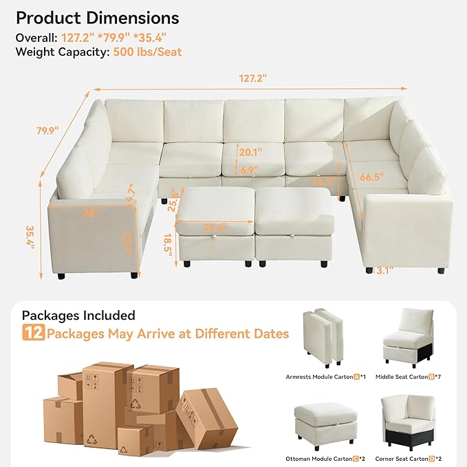 127'' Oversized U Shaped Modular Sofa, Sectional Couches with Storage for Living Room, Modern 9 Seater Cloud Sectional Couch with Movable Ottoman, Chenille Beige