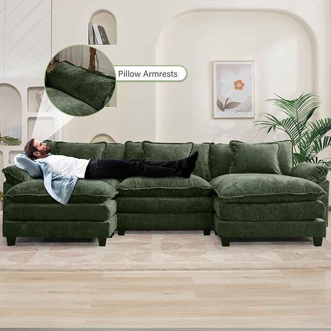 Oprisen 120" Modular Sectional Sofa, Comfy Cloud Couch Sectional Sofa with Ottoman, Chenille Sofa Sleeper Deep Seat Sofa with Throw Pillows for Living Room (Green, 120"- U Shape)