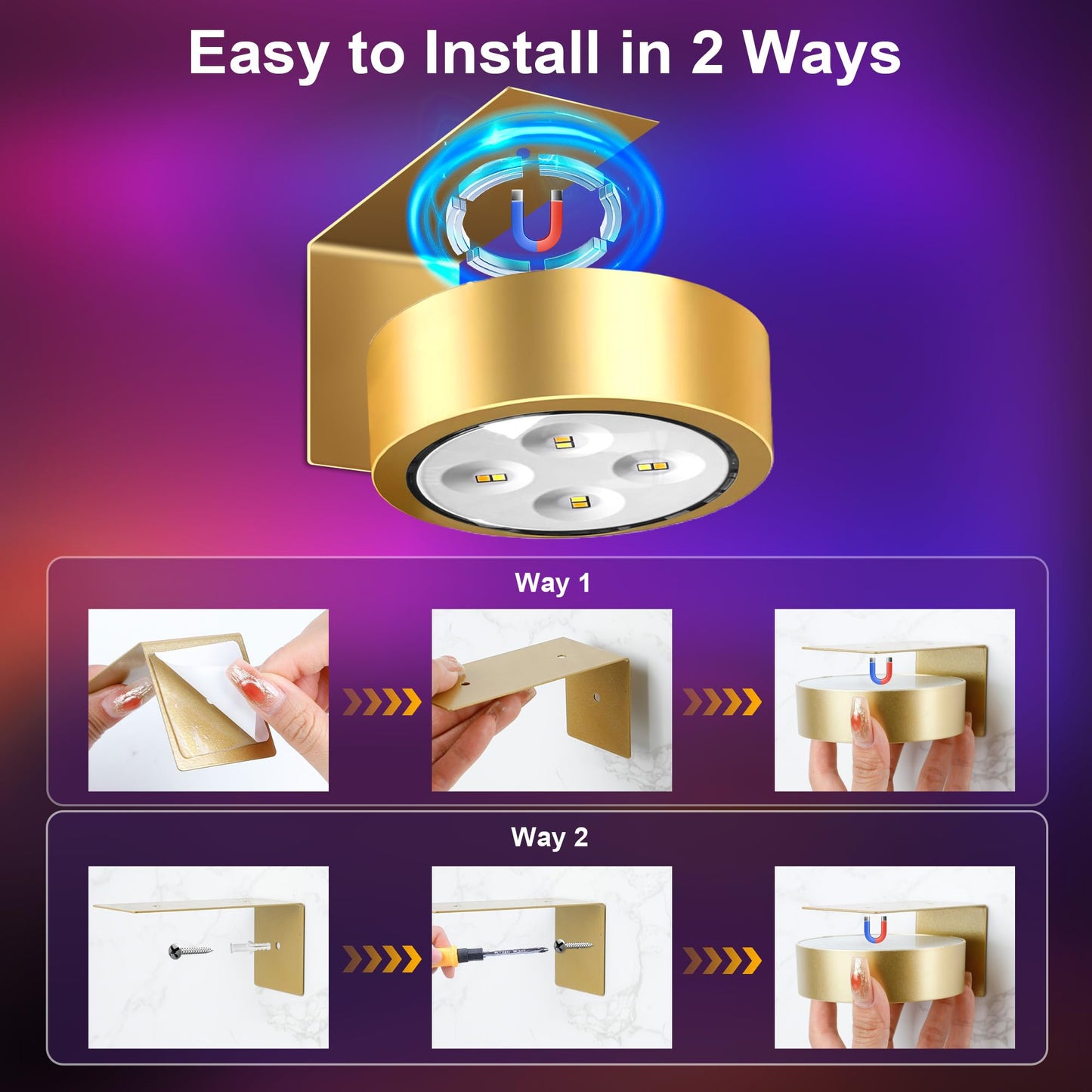 maylit 6 Pack RGBW Picture Lights for Wall, Rechargeable Battery Magnetic Poster Lights, Remote Dimmable Timer Painting Light, Wireless Wall Room Decor Light for Art Display, Frame, Gold