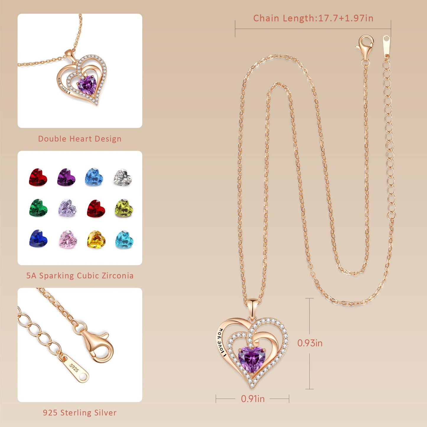 Lomantise Christmas Gifts for Wife Amethyst Heart Birthstone Necklace for Women 925 Sterling Silver Wife Jewelry Rose Gold I Love You Pendant Anniversary Birthday Gift for Her
