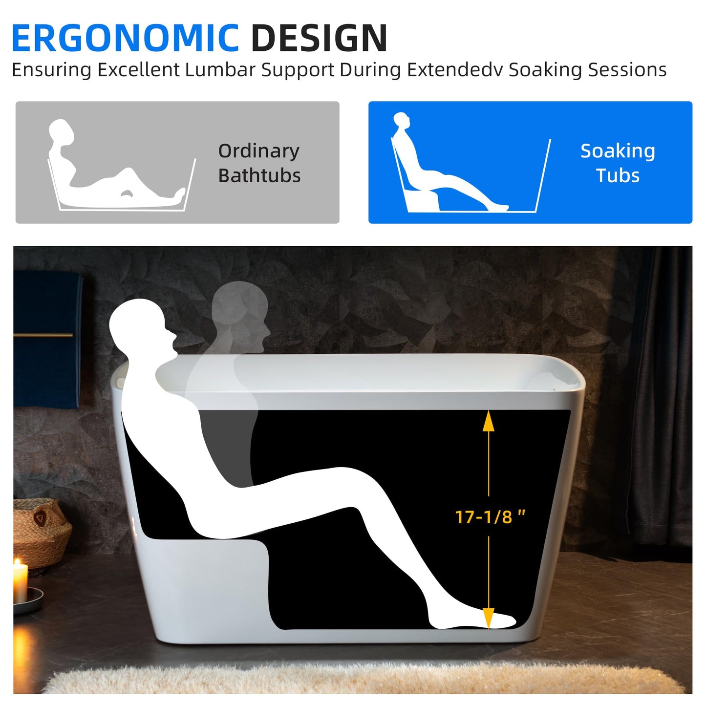 WOODBRIDGE 48" Acrylic Freestanding Square Shape Janpanese Soaking Tub with Pre-molded Seat and Matte Black Pop-UP Drain and Overflow Option, Black, B1870-MB