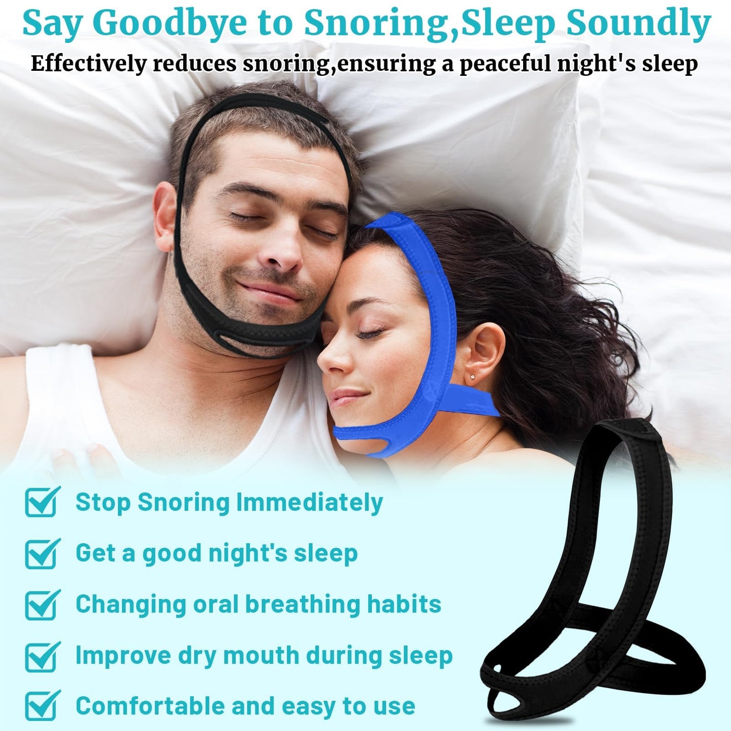 Anti Snoring Chin Strap for Sleeping, Adjustable Jaw Support Strap to Keep Mouth Closed, Stops Snoring Dry Mouth for Men Women, 2 Pack Comfort Fit Nighttime Sleeping Aid Snoring Solution