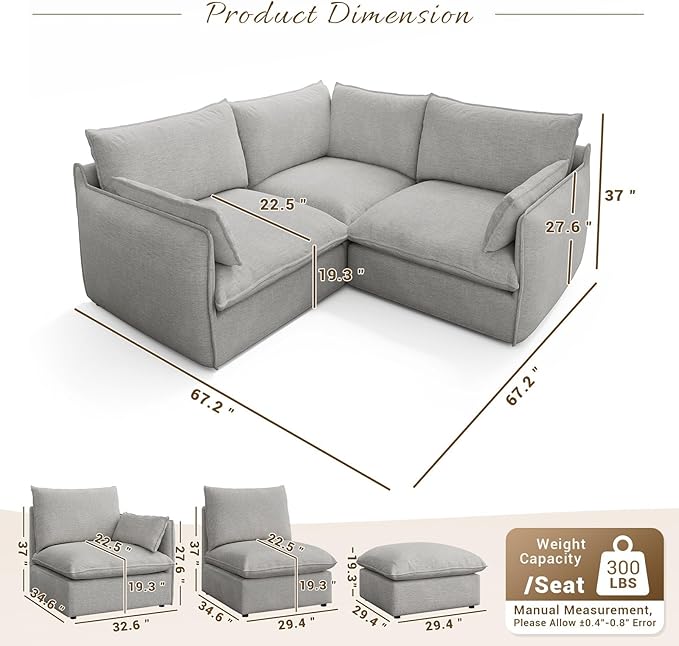 Forest aesthetics Cloud Modular Sectional,3 Seater Waterproof High Backrest V Shape Sectional Sofas,Down Filled Modular Couch with Removable Washable Cover for Living Room,Cream White