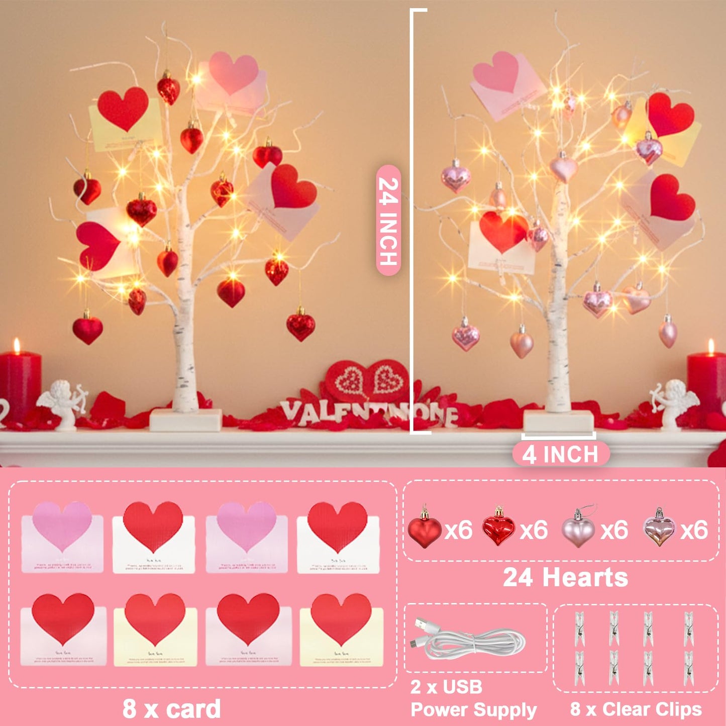 PEIDUO Valentine's Day Decorations, Set of 2 Gift Card Tree with 24 Hanging Heart Ornaments, for Home Indoor Bedroom Anniversary Wedding Party Decor, 6H/18H Timer