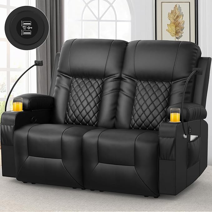 FURNIMAT Loveseat Recliner Sofa, 2 Seater Reclining Loveseat Sofa, Modern PU Leather RV Loveseat Couch for Living Room/RV, with USB Ports, Cup Holders, Insert Pockets, Cell Phone Holders, Black