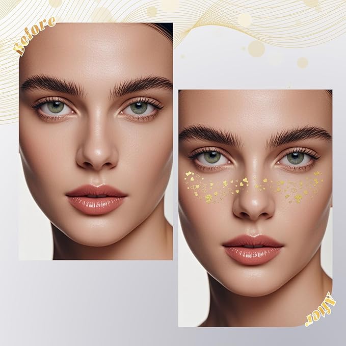 Glitter Freckles - 6PCS Makeup Patches, Gold Face Glitter, Waterproof Glitter Freckles Face Tattoo, Shiny Face Glitter for Kids, Waterproof Face Jewels for Women, Fake Freckles Party Makeup Accessory