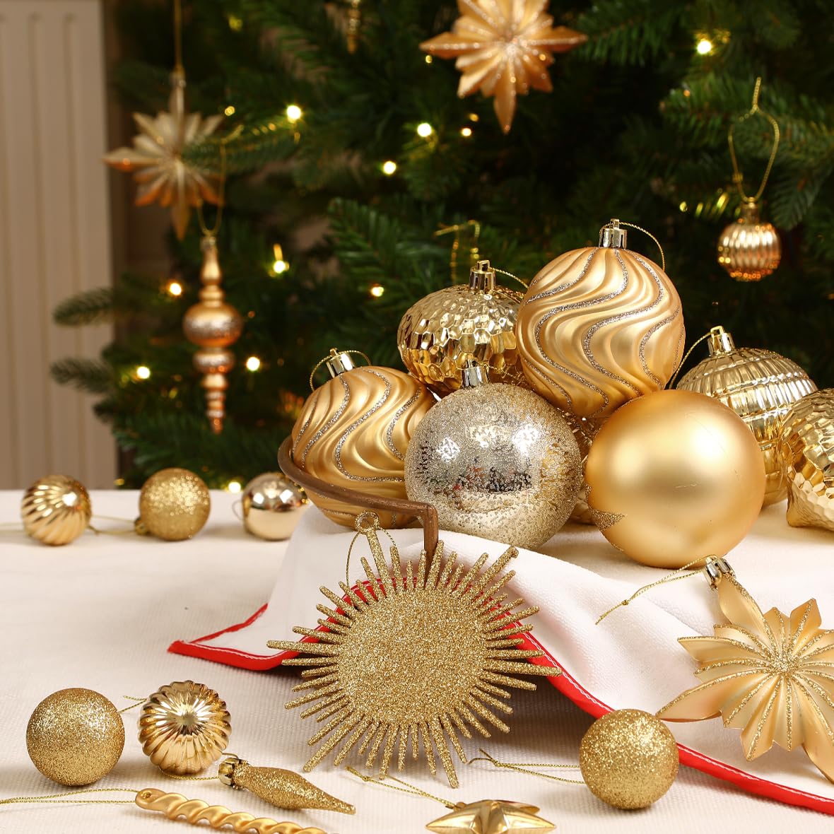 SHareconn 80pcs Christmas Balls Ornaments Set, Contemporary Light Luxury Gift Set, Shatterproof Plastic Decor for Xmas Tree Holiday Wedding Party Decorations with Hanging Strings, Dark and Light Gold
