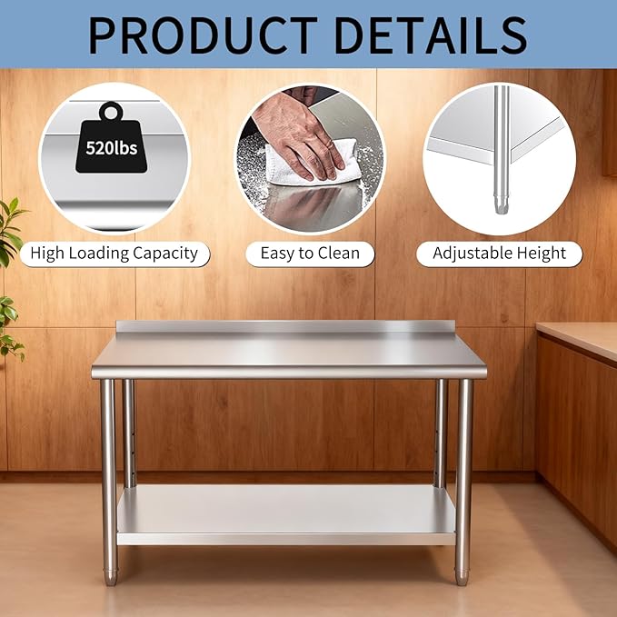Mioleu Commercial Stainless Steel Table 48 x 24 Inches Heavy Duty Prep & Work Metal Desk with Blacksplash & Adjustable Undershelf for Kitchen Restaurant Home Garage Warehouse