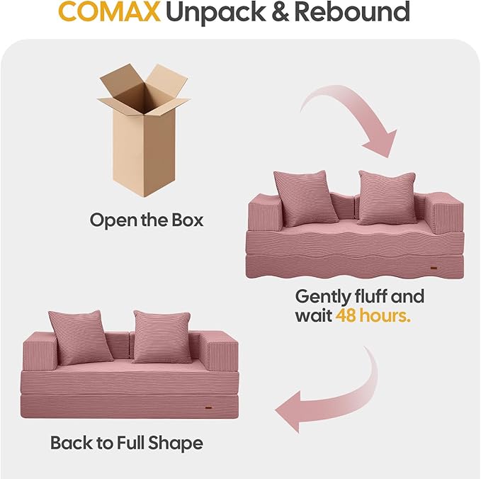 COMAX Futon Sofa Bed, 4‑in‑1 Convertible Sofa Bed, Folding Boneless Couches for Living Room, Fold Out Small Foldable Loveseat Floor Sleeper Comfy Mattress Lounge Space‑Saving, Pink