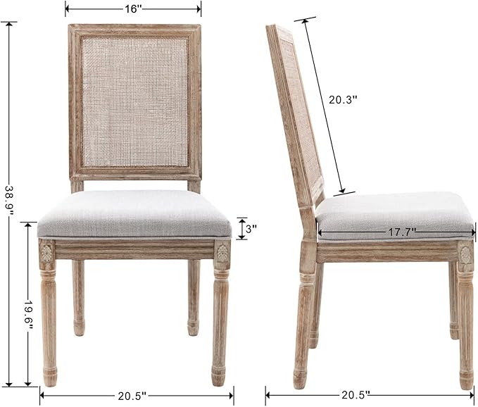 CIMOTA Farmhouse Dining Chairs Set of 4, French Rattan Dining Room Chairs with Rectangle Back/Distressed Wood Upholstered Vintage Side Chairs for Kitchen/Restaurant, Grey/4PCS