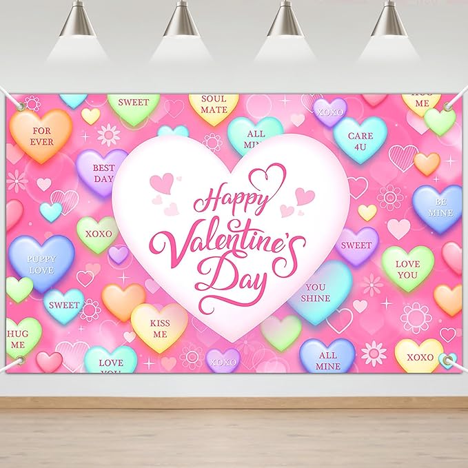 Mocsicka Valentines Day Backdrop Sweet Conversation Hearts Valentines Day Banner Party Decorations Photo Booth Props (Pin...