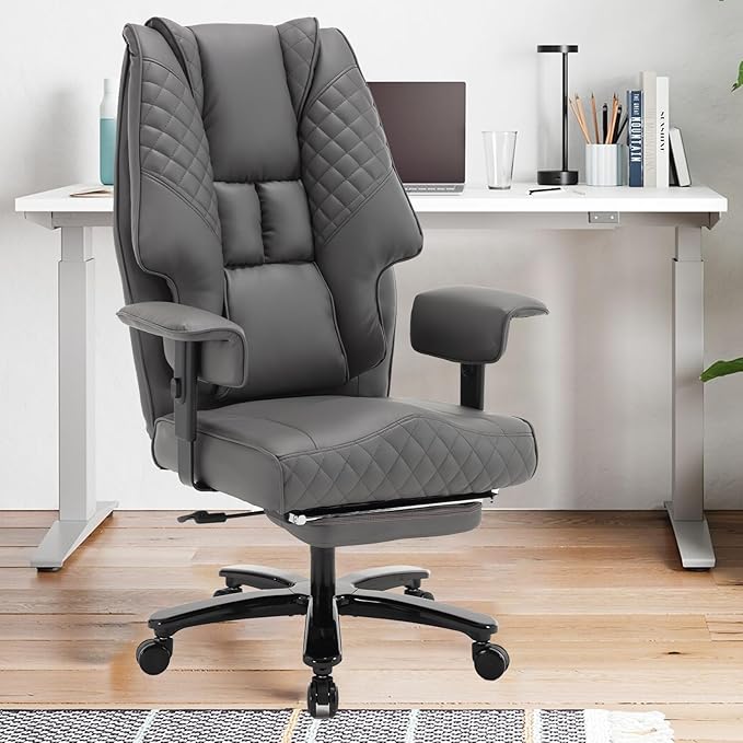 KCREAM 500lb Big and Tall Reclining Office Chair with Footrest, PU Leather Executive Computer Chair with Wheels Recliner Home Desk Chairs with Lumbar Support Swivel Task Chair for Heavy People,Grey