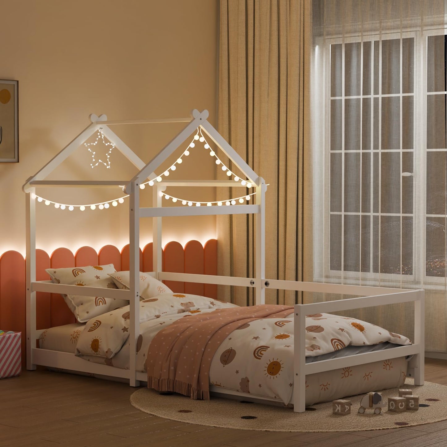 VALUE BOX Twin House Floor Bed Frame with Roof, Wooden Montessori Bed with Safety Fence, Kids Bedroom (White)