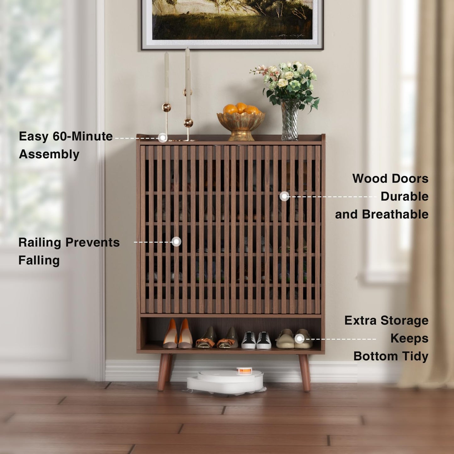 FiveWillowise Large Shoe Storage Cabinet with Adjustable Shelves, 6-Tier Wooden Shoe Rack Organizer with Grille Doors for Entryway, Hallway, Closet, Bedroom, Living Room, Walnut