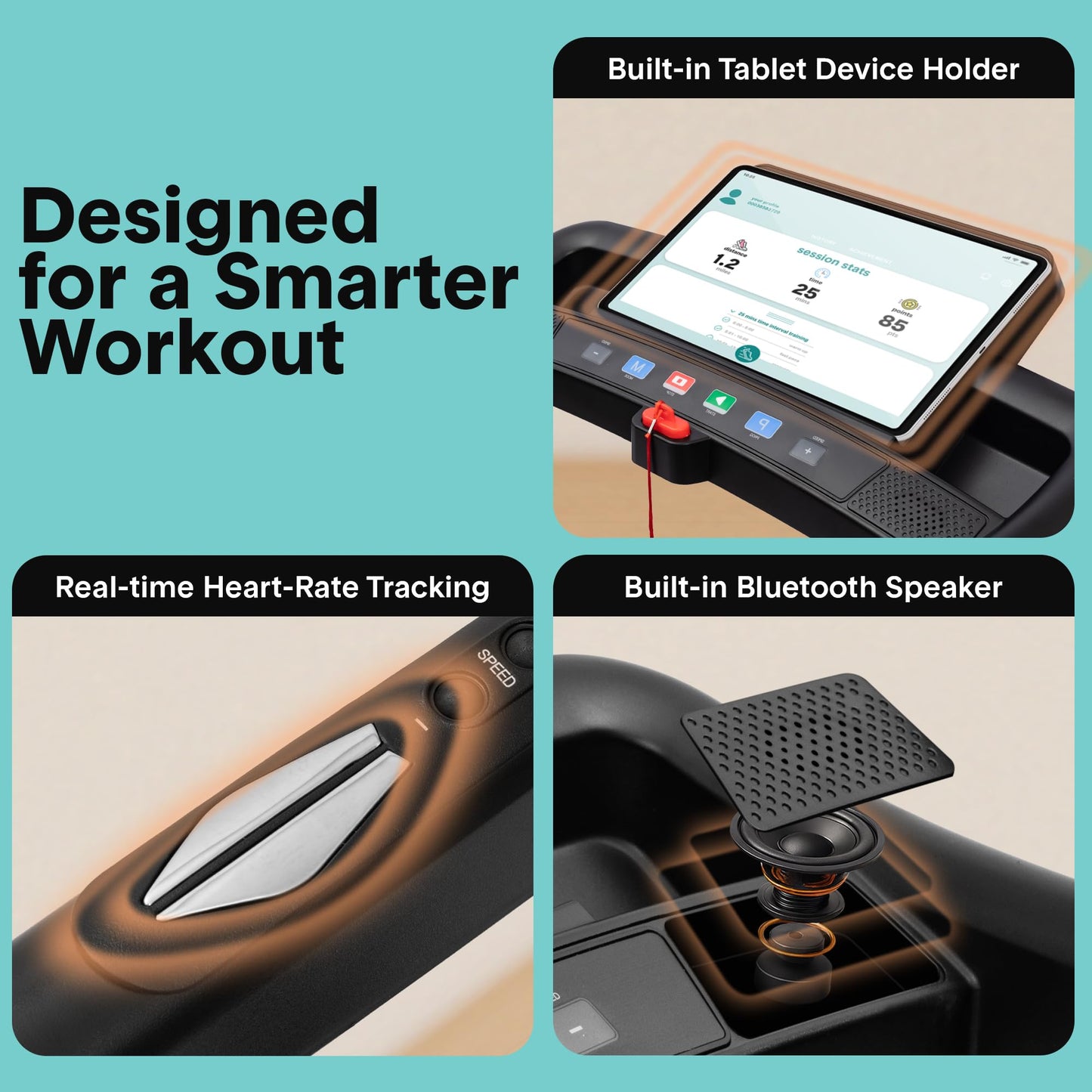 SereneLife Portable Foldable Treadmill with Incline Bluetooth Speakers and Heart Rate Sensors, 12 Preset Workout Programs, 2.0 HP Motor, Shock Absorbing Deck, 0.8-8 MPH Speed, 264 lb Capacity