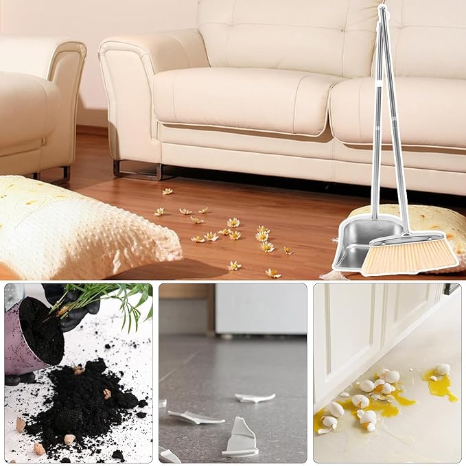 Floor Cleaning Set – Stainless Steel Broom and Long Handle Dustpan, Upright Sweeping Tool, Durable Cleaning Kit | Home, Apartment, Living Room, Bedroom, Office, Garage, Bathroom, Patio, Restaurant