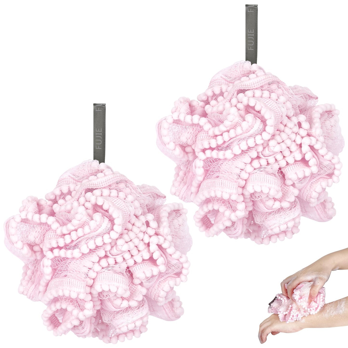 Biiange Pink Loofah, Shower Bath Spong, Soft Shower Loofahs Balls, Globose lace Shower Ball, for Body Wash Scrubber Cleaning Loo