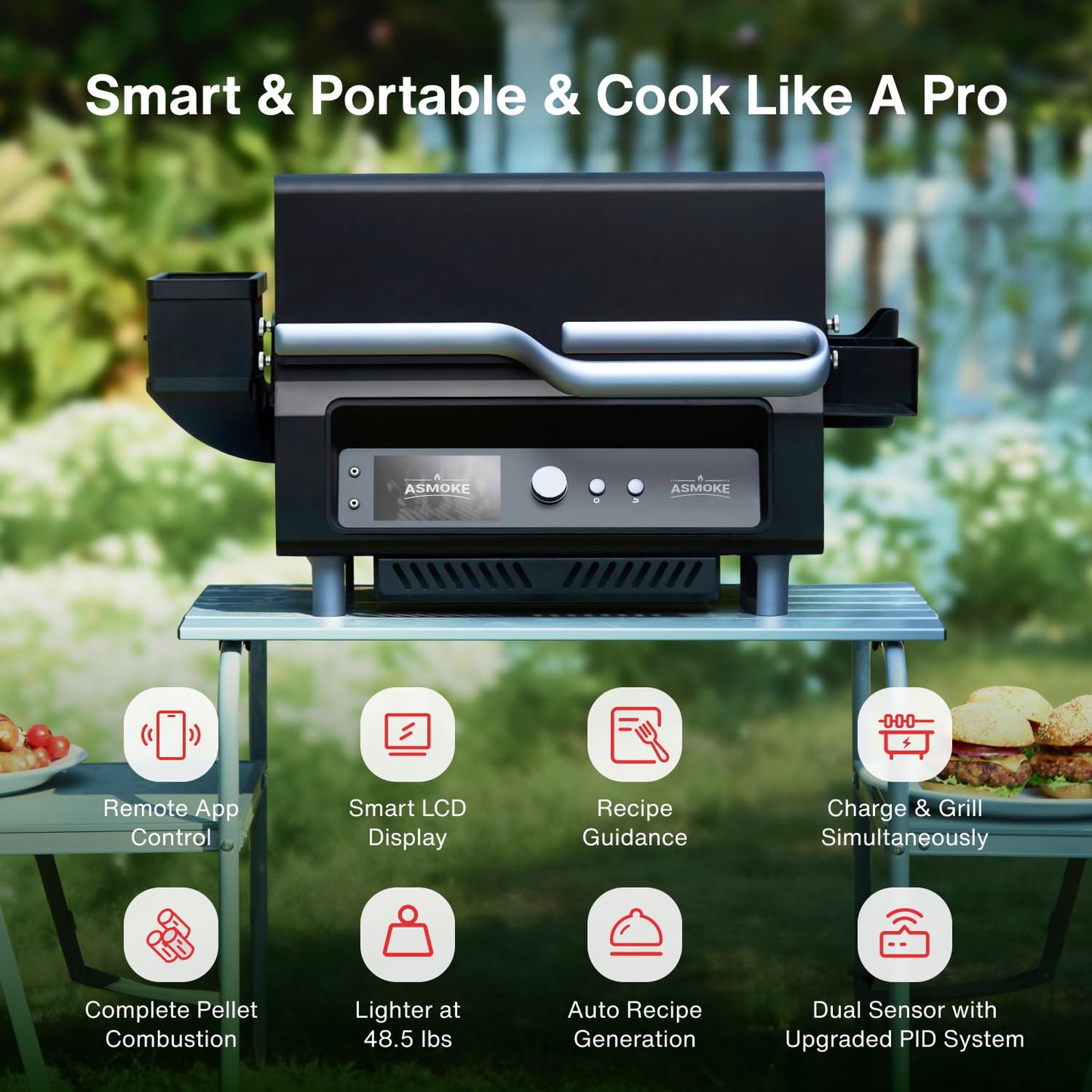 ASMOKE Smoker Guga’s Pick | Smart Portable Pellet Grill with 5" LCD Screen 8-in-1 BBQ, 8H Battery, Wi-Fi Control, 271 sq.in, ASCA Steam Tech, PIN Precision Temp Fit for Camping, Family Outdoor Cooking