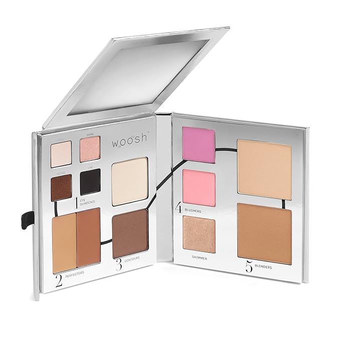 Woosh Beauty, Jetsetter Bundle in #3 Medium, Fold out Face Original, Essential Brush Set, Travel Case in Hot Pink
