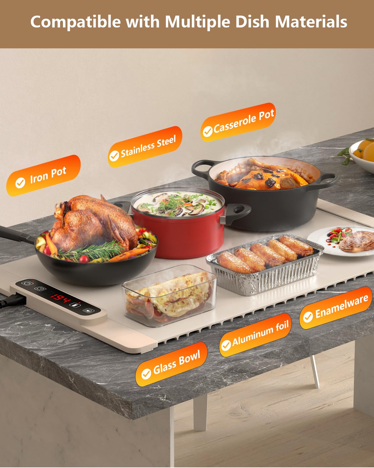 Electric Warming Tray, Food Warming Mat with 5 Adjustable Temperature Control, DRSPEE Foldable Food Warmer for Parties, Precise Heating Time and Child-Lock, Large Hot Plate for Buffet (Beige)