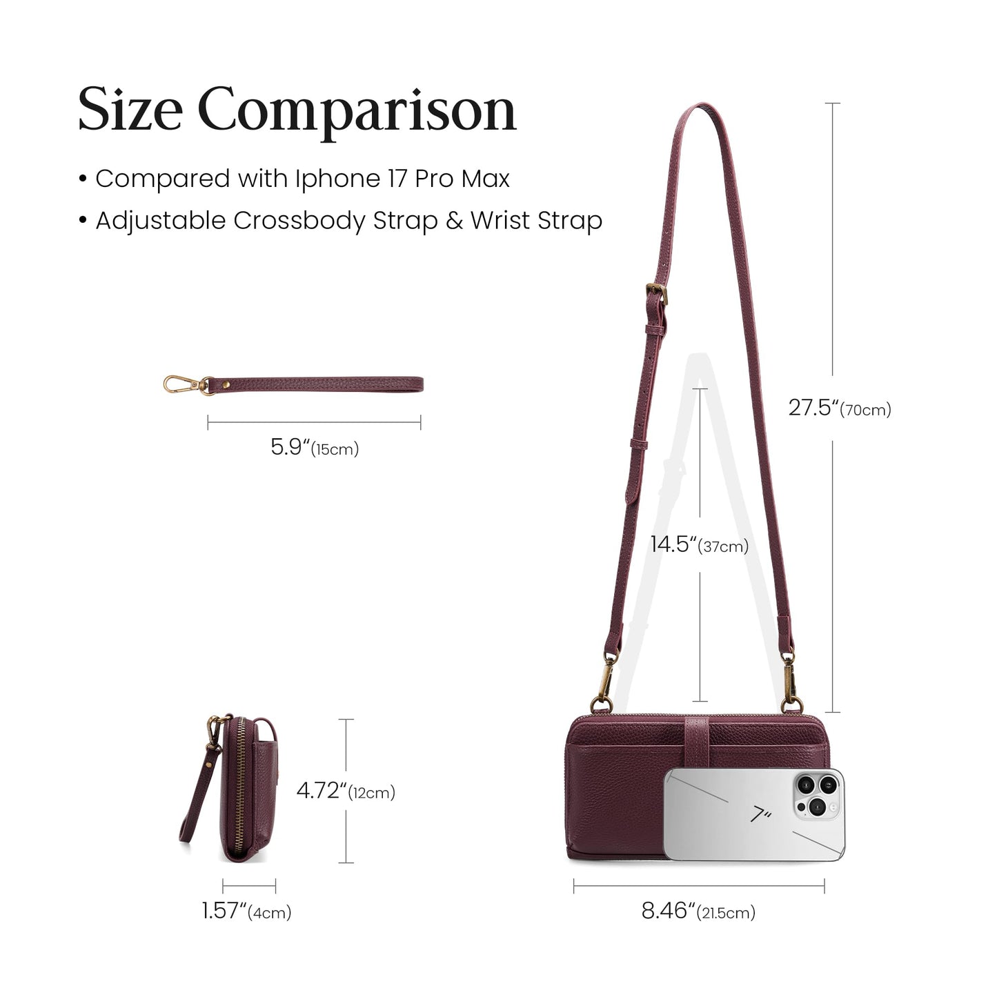 befen Genuine Leather Clutch Purse for Women Burgundy Purse with Built in Wallet RFID Wristlet Wallets Cell Phone Crossbody Travel Soft Real Leather Crossbody Bags Small Wristlet Clutch with 2 Straps