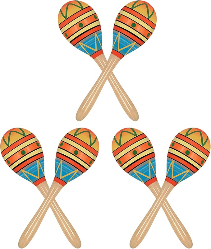 Beistle Fiesta Fun Party Maracas – 3 Sets, 6 Wooden Hand-Decorated Percussion Maraca Shakers for Cinco de Mayo, Mexican-Th...
