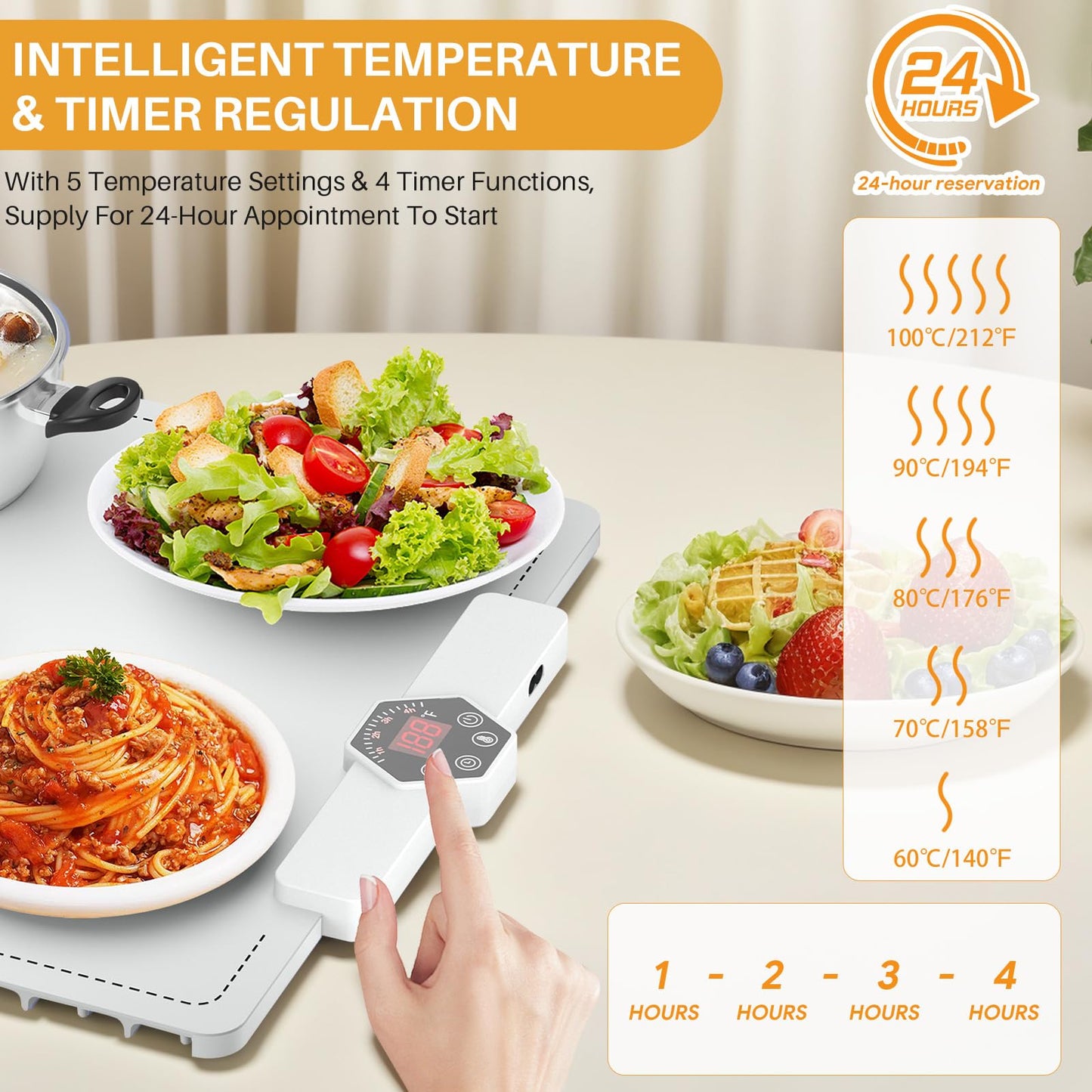 CJC Warming Mat for Food-Electric Warming Tray and Full Surface Heating,5 Temp Settings,4H Timer,Rollable Portable,24H Heating by Appointment,with 2M Cable,for Parties Gatherings Daily Use(White)