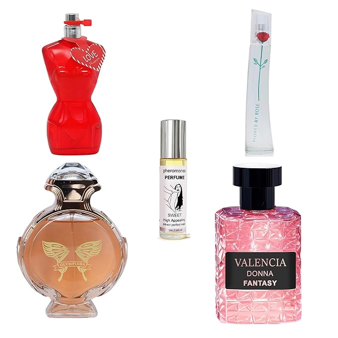 4-Piece Women's Perfume Set with 10ml Rollerball, EDP Collection, Variety of Fragrances,Long Lasting Fragrance (OLYMPIADA/Valencia Donna Fantasy/ROMANCE FOR WOMEN/Flower rose-White)